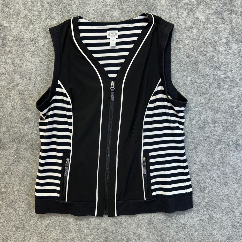 Zenergy Golf by Chico's Vest Women 2 Black Whiteโ Excellent Striped Full Zip
